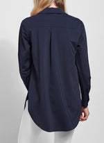 Back view of Lysse schiffer button down top. True navy long sleeve top. 