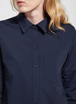 Neck view of Lysse schiffer button down top. True navy long sleeve top. 