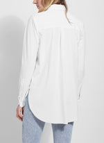 Back view of Lysse schiffer button down shirt. White long sleeve top. 