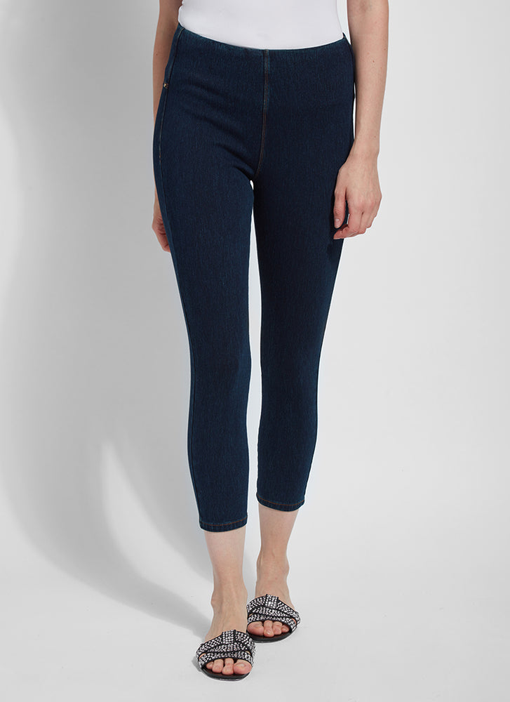 Front view of Lysse toothpick denim crop pant. Pull on indigo blue. 