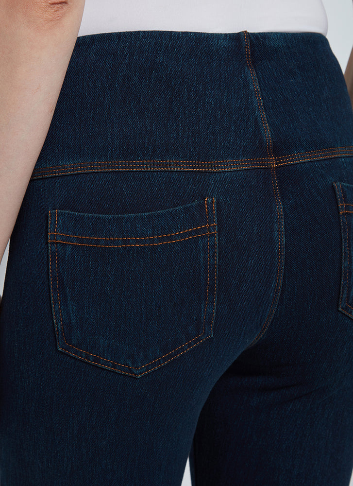 Back pocket view of Lysse toothpick denim crop pant. Pull on indigo blue. 