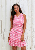 Front image of Cabana Life sleeveless ruffle dress. Coral Gables printed sleeveless dress. 