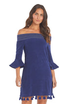 Front image of Cabana Life off the shoulder dress. Navy terry 3/4 sleeve dress. 