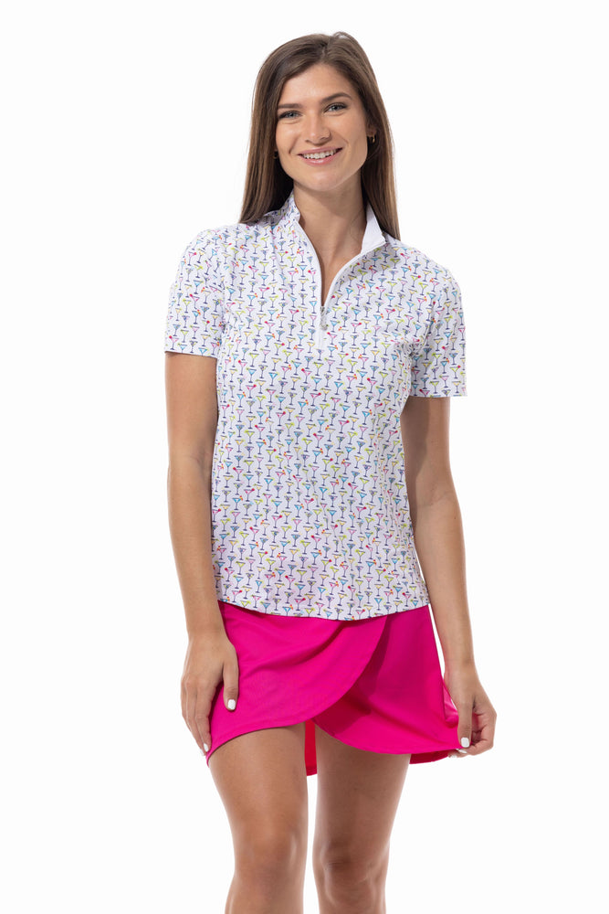 Front image of short sleeve zip mock top. SanSoleil 19th hole print. 