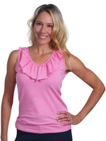 Front image of Baylor sleeveless tank top in pink. Ruffle tank top by AnaClare. 