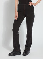 Front view of baby bootcut denim in midtown black . Long pants by lysse. 