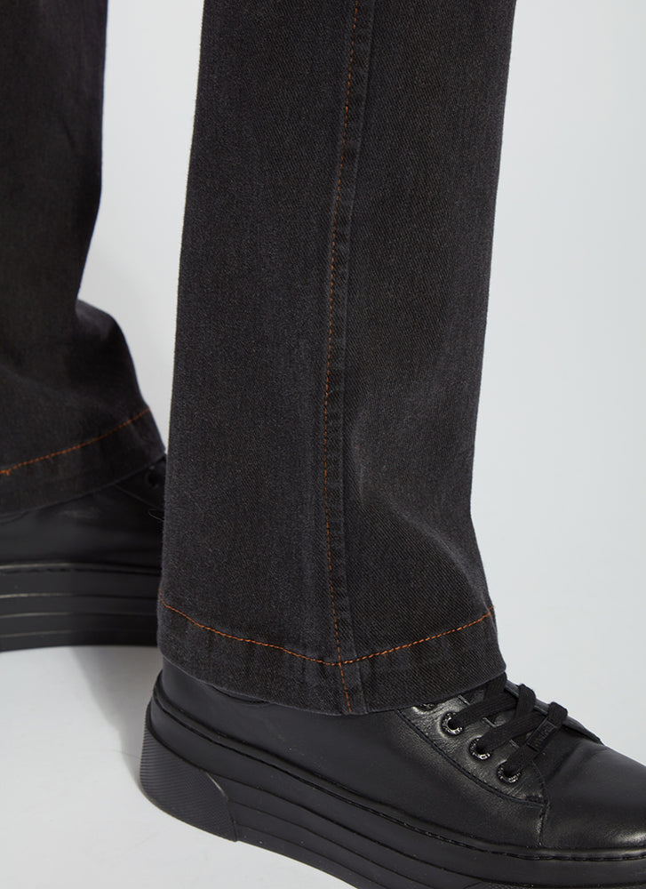 Zoomed pant view of baby bootcut denim in midtown black. Long pants by lysse. 