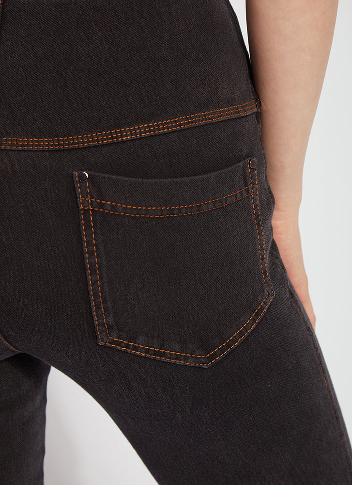 Back pocket view of baby bootcut denim in midtown black. Long pants by lysse. 