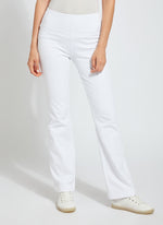 Front view of Lysse baby bootcut denim pants in white. Pull on lysse pants. 