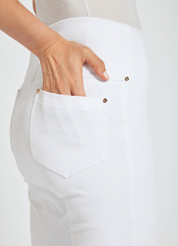 back pocket view of Lysse baby bootcut denim pants in white. Pull on lysse pants. 