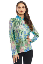 Front image of Adore burnout top in green print. Long sleeve zip front casual jacket.