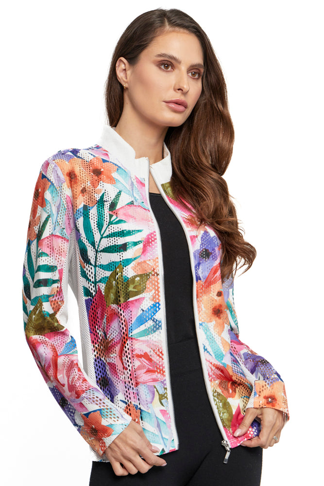 Long Sleeve Zip Front Mesh Floral Jacket