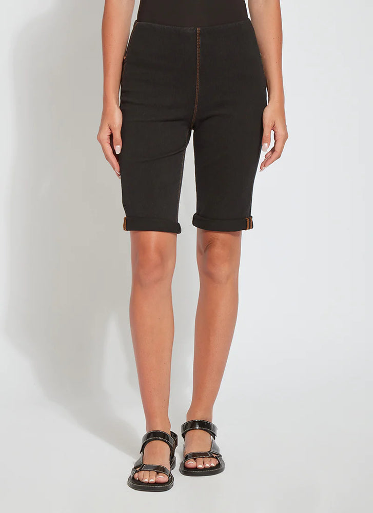 Front image of Lysse pull on boyfriend shorts in midtown Black.  