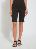 Front image of Lysse pull on boyfriend shorts in midtown Black.  