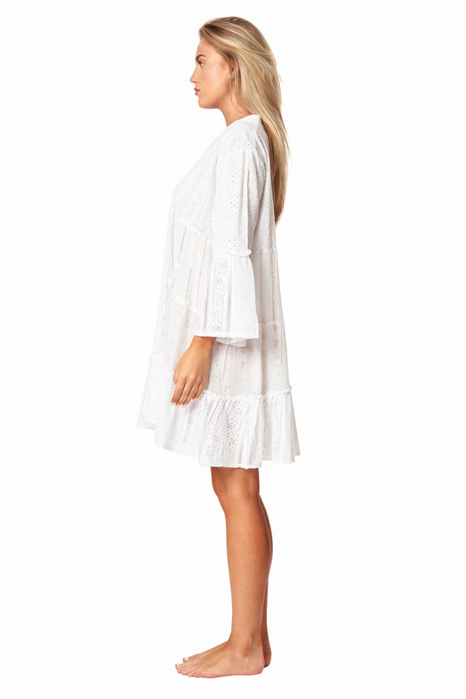 Side image of La Moda white cover up dress. Boho cotton dress. 