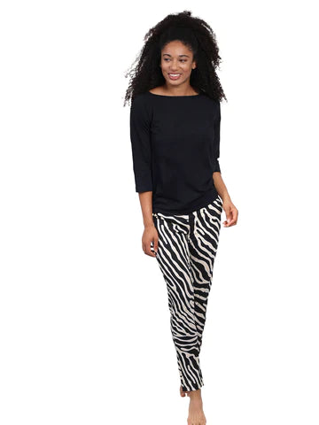 Front image of Tali pant by AnaClare in dazzled zebra print. 