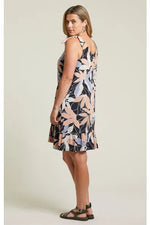 Back image of Tribal reversible dress. Sleeveless printed and solid dress. 