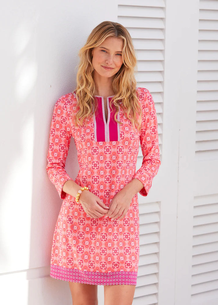 Front image of Cabana Life embroidered tunic dress in coral gables. 3/4 sleeve embroidered printed dress. 