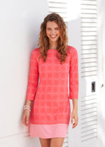 Front image of Cabana Life Cabana Shift Dress. 3/4 sleeve coral gables printed dress. 