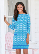 Front image of Cabana Life cabana shift dress. Palm valley blue printed 3/4 sleeve dress. 