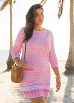 Front image of Cabana Life shift dress. Napa coral printed 3/4 sleeve dress. 
