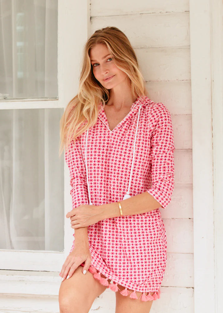 Front image of Cabana Life hooded cover up dress. 3/4 sleeve printed cover up in coral gables print. 