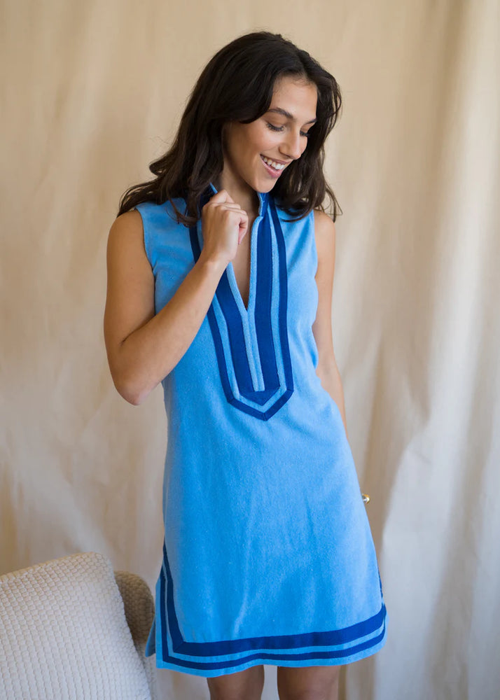 Front image of Cabana Life sleeveless terry tunic in light blue. Coverup dress. 