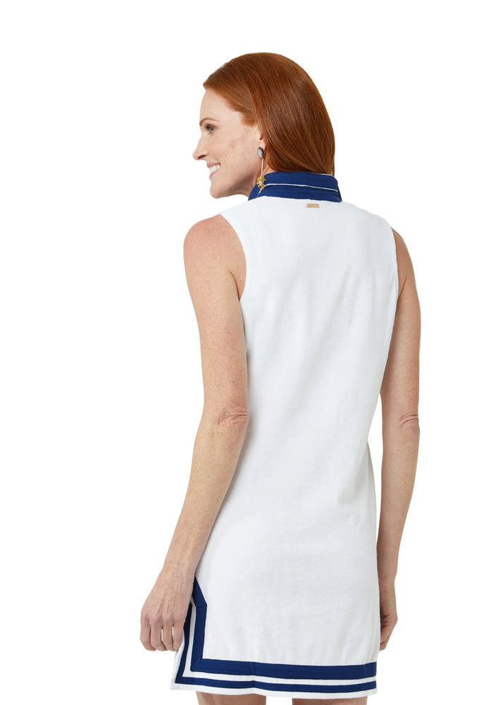 Back image of Cabana Life sleeveless terry tunic. White and navy sleeveless dress. 
