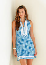 Front image of Cabana Life sleeveless tunic dress. Blue and white windermere print. 