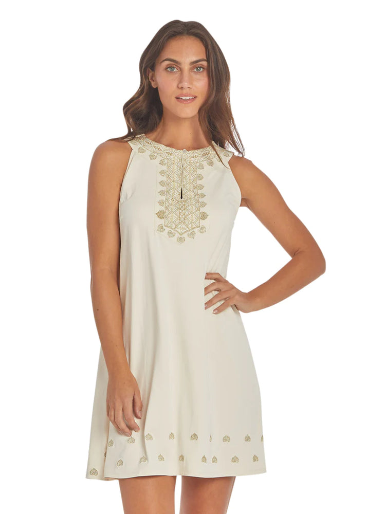 Front image of Cabana Life sleeveless shift dress. Ivory and gold metallic dress. 