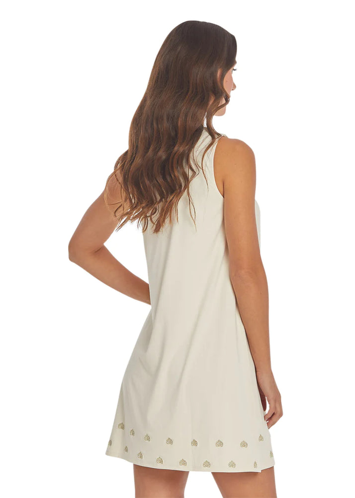 Back image of Cabana Life sleeveless shift dress. Ivory and gold metallic dress. 