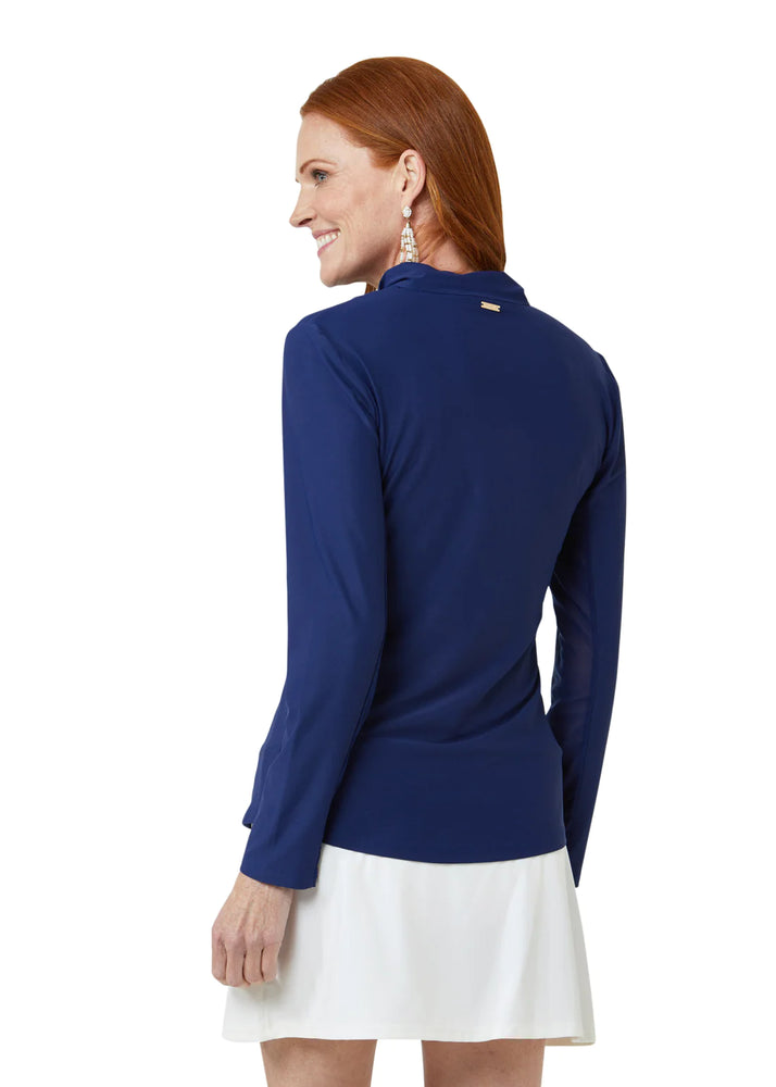 Back image of Cabana Life navy wicking performance zip top. Long sleeve top in navy. 