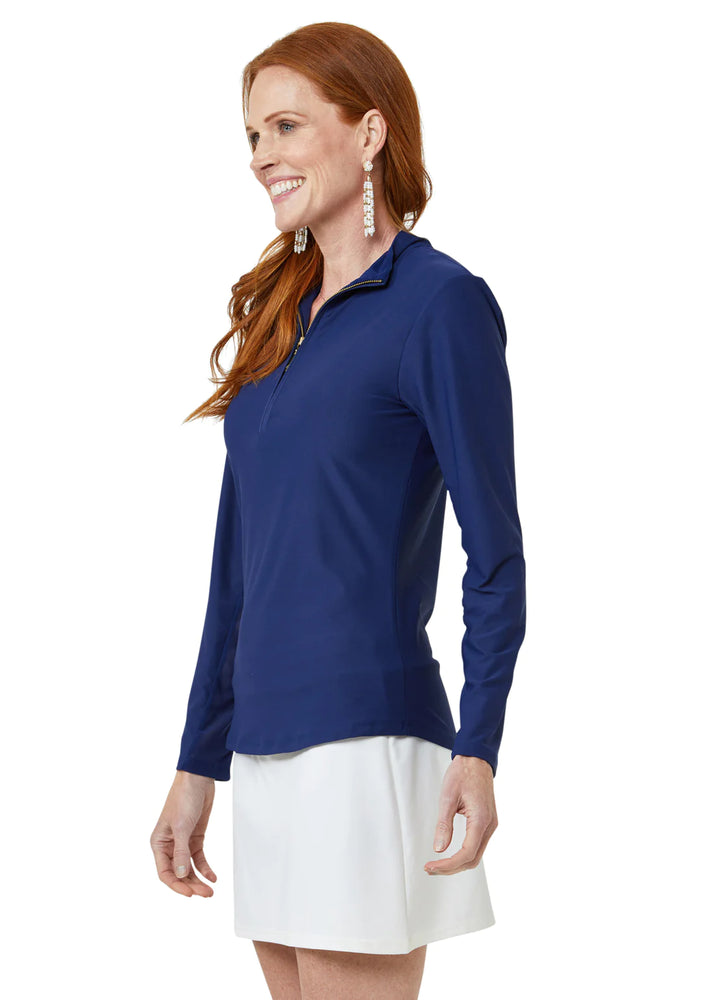 Front image of Cabana Life navy wicking performance zip top. Long sleeve top in navy. 
