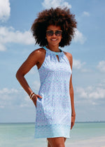 Front image of Cabana Life sleeveless shift dress. Naples blue and white print. 