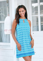 Front image of Cabana Life Sleeveless shift dress in palm valley blue print. 