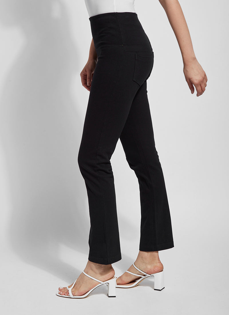 Side view of Lysse denim straight leg pant. Pull on black pant. 