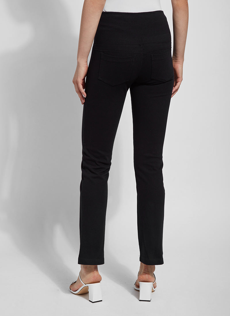 Back view of Lysse denim straight leg pant. Pull on black pant. 