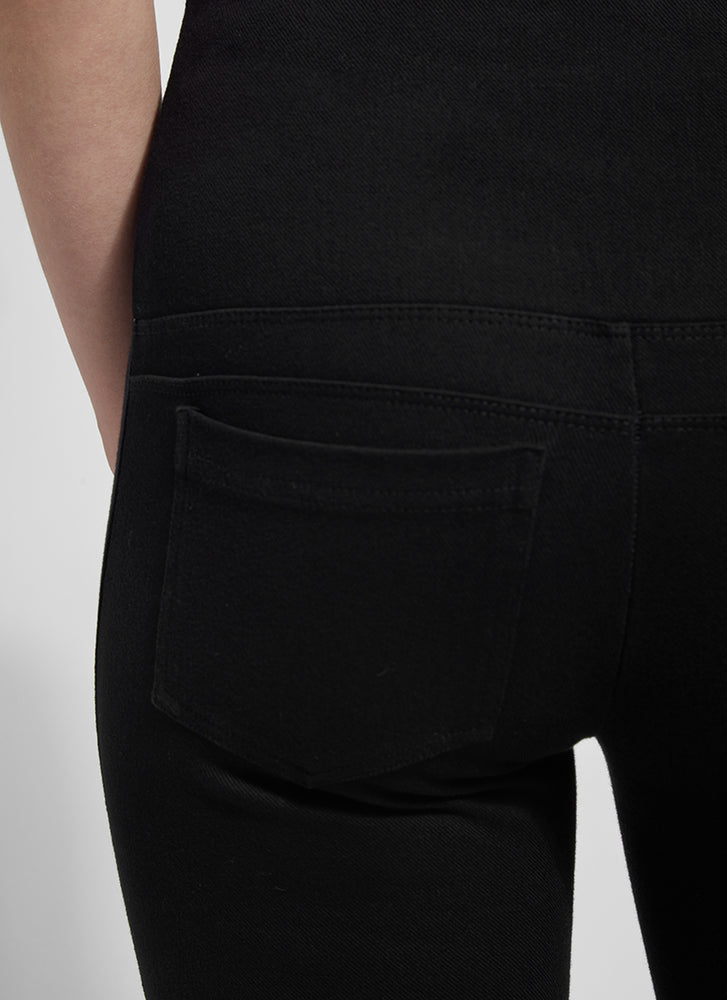 Back pocket view of Lysse denim straight leg pant. Pull on black pant. 