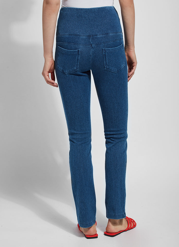 Back view of Lysse denim straight leg pant. Pull on pant in midwash blue. 