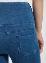 Back pocket view of Lysse denim straight leg pant. Pull on pant in midwash blue. 