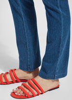 Ankle view of Lysse denim straight leg pant. Pull on pant in midwash blue. 