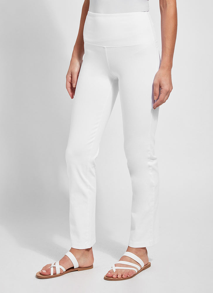 Front view of Lysse denim straight leg pant. White pull on pants. 