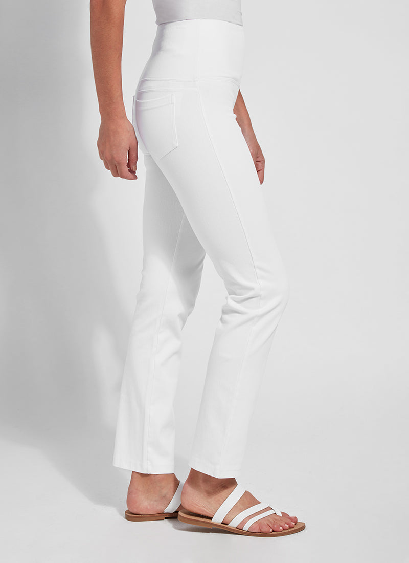 Side view of Lysse denim straight leg pant. White pull on pants. 