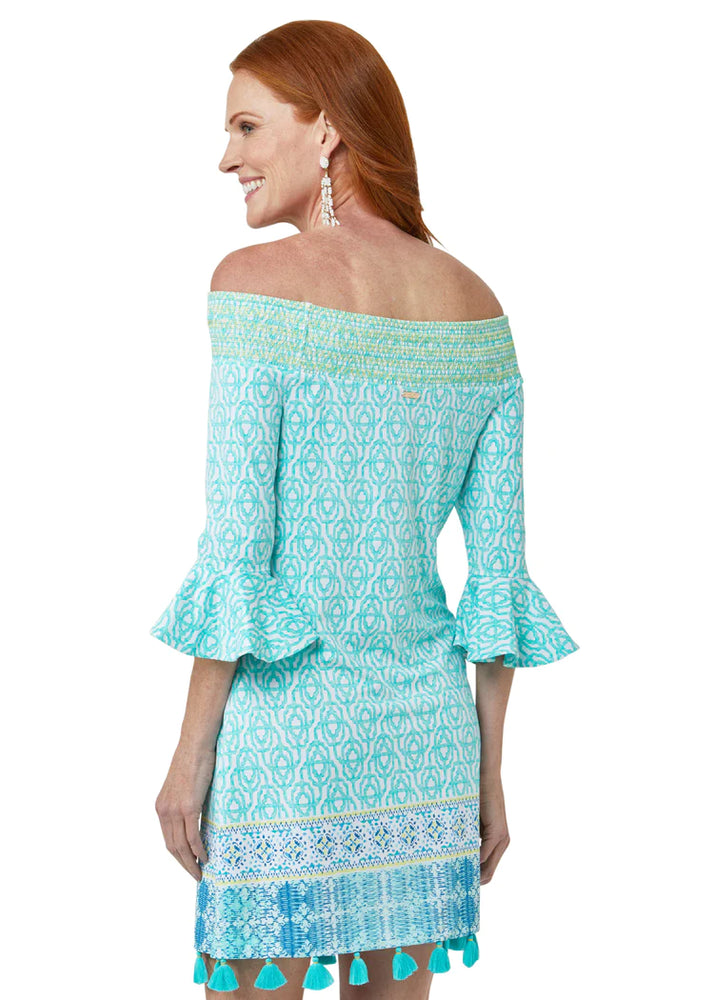 Back image of Cabana Life off the shoulder dress. 3/4 sleeve dress in coastal cottage print. 