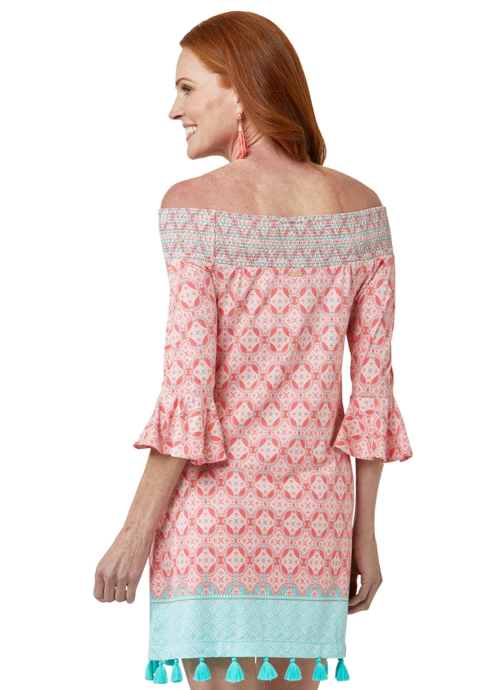 Back image of Cabana Life off the shoulder dress. 3/4 sleeve dress in coral tides print. 