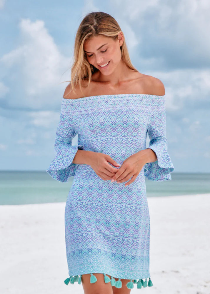 Front image of Cabana Life off the shoulder dress. 3/4 sleeve dress in naples print. 
