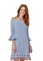 Front image of Cabana Life off the shoulder dress. St barts striped navy and white print. 