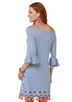 Back image of Cabana Life off the shoulder dress. St barts striped navy and white print. 