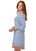 Side image of Cabana Life off the shoulder dress. St barts striped navy and white print. 