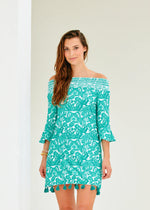 Front image of Cabana Life off the shoulder dress. 3/4 sleeve dress in st. pete print. 